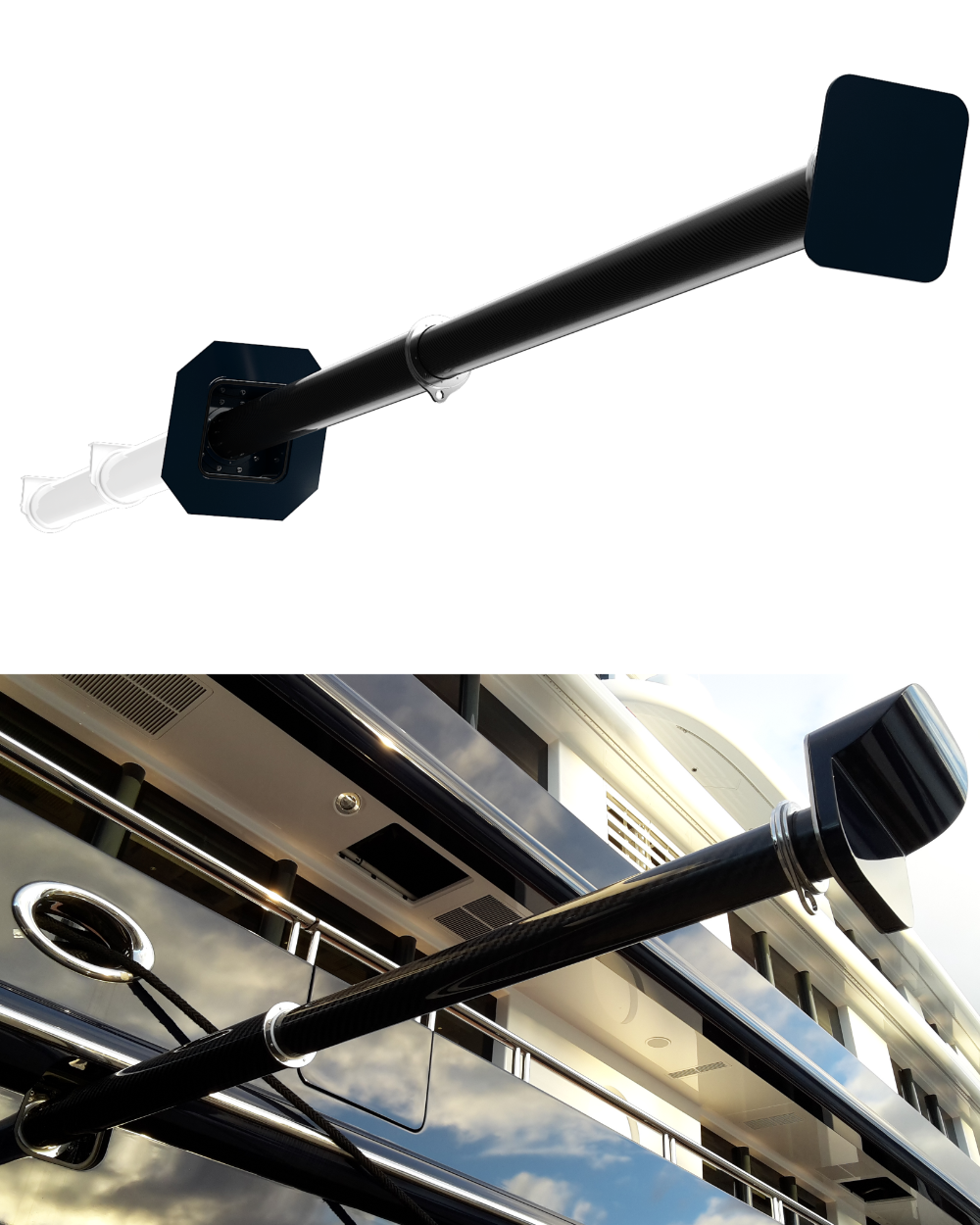 C-Quip carbon fibre telescopic Tender Boom on a black background