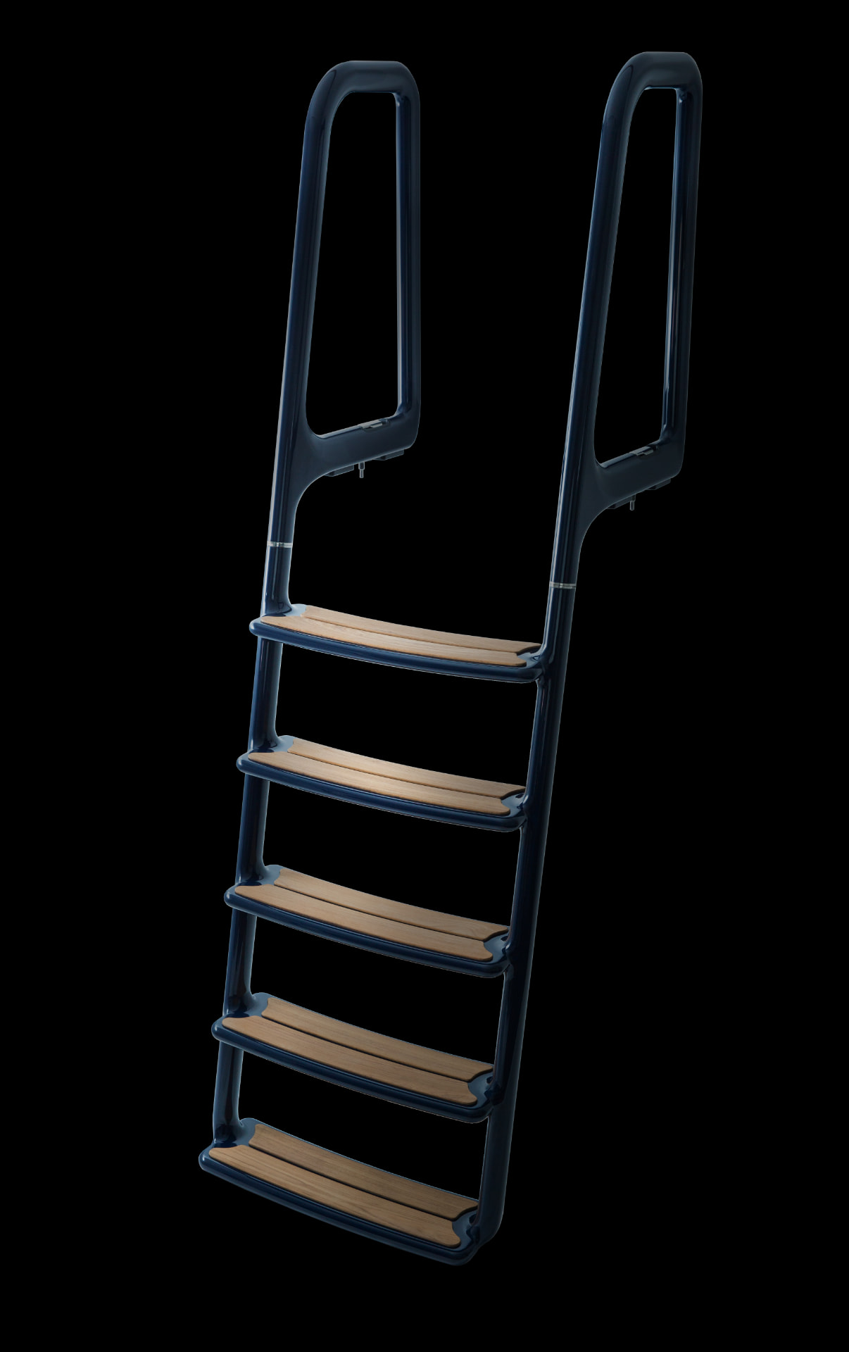 C-Quip swim ladder with oval handrails and wide teak treads in a colour-matched navy finish