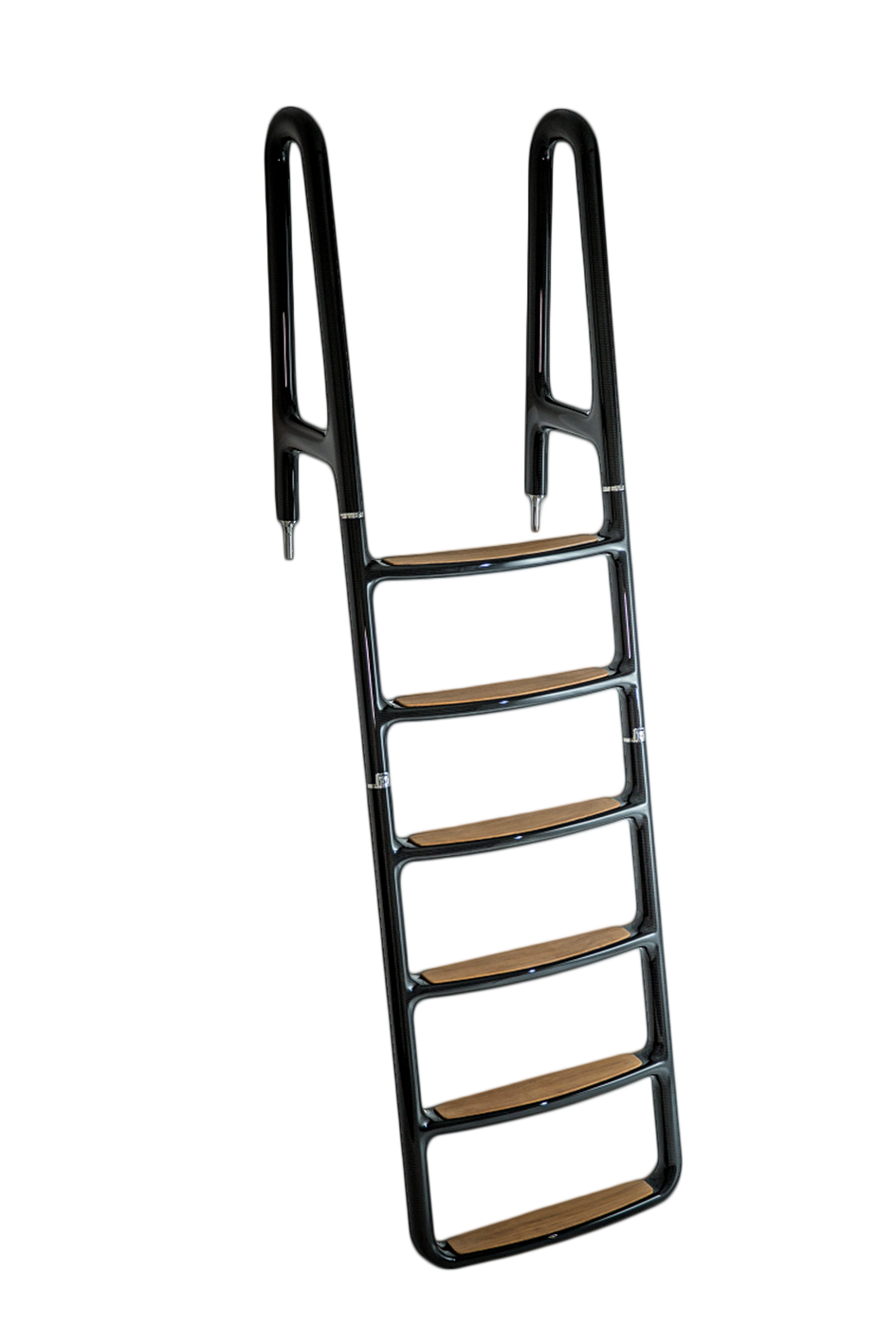 C-Quip carbon fibre swim ladder with teak treads and folding oval handrails
