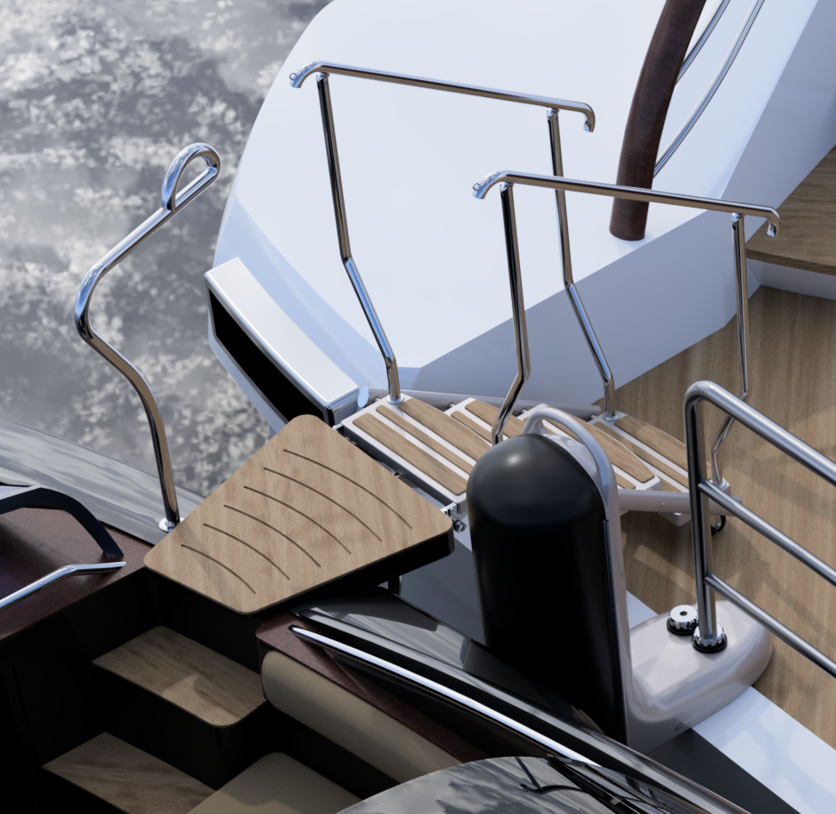 Close-up of C-Quip boarding step and chrome handrail bridging a superyacht to its tender