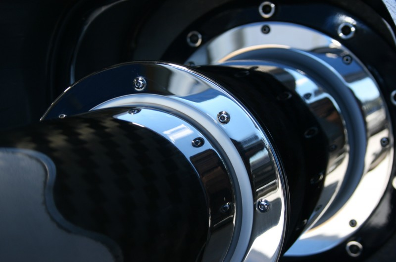 Detail of carbon fibre tube and polished stainless steel Tender Boom fittings