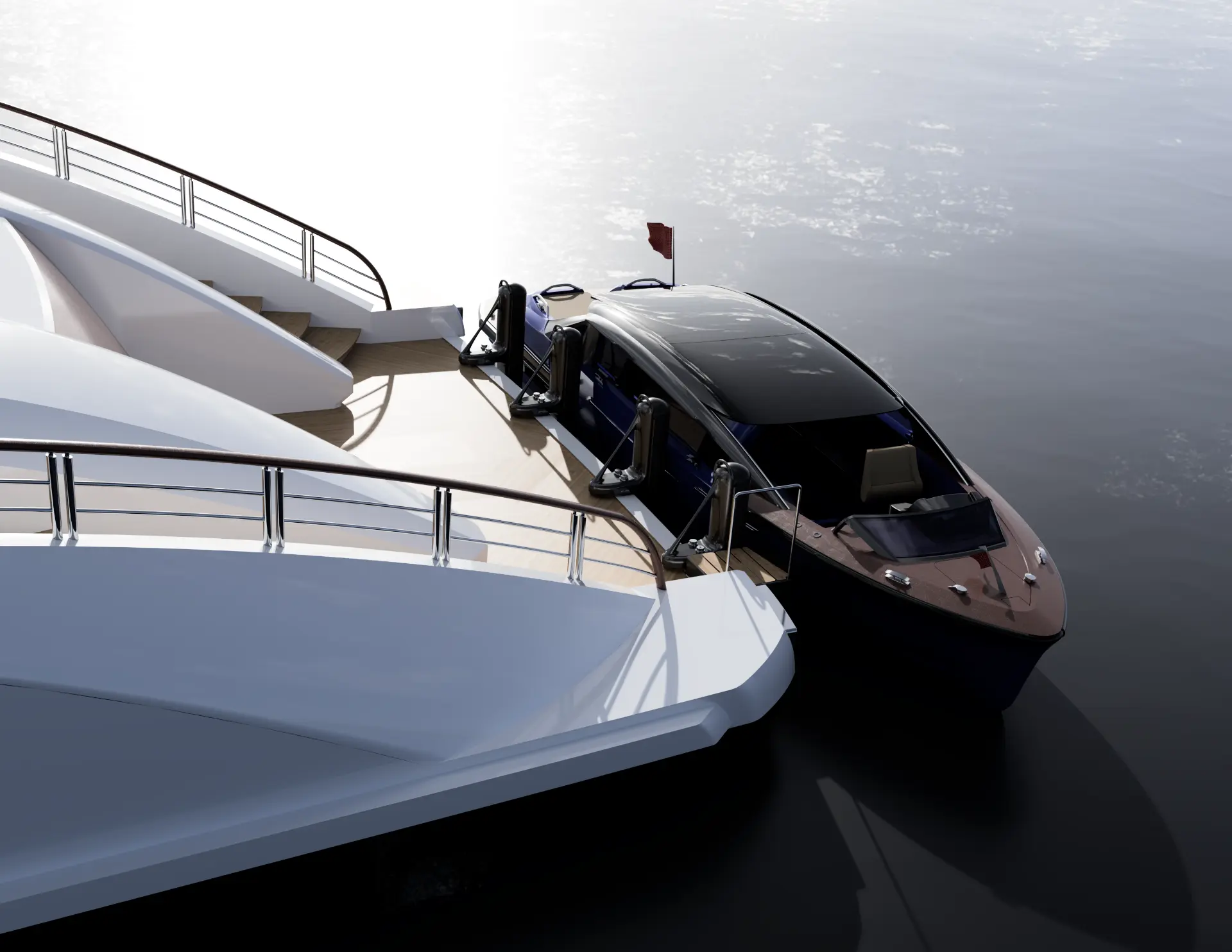 Tender boat docked alongside a superyacht using custom C-Quip carbon fibre fenders and boarding equipment