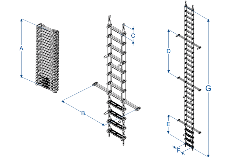 Three-view technical illustration of a C-Quip pilot ladder showing stored length (A), spreader step width (B), step spacing (C) and (D), spreader interval (E), standard step width (F) and extended length (G)