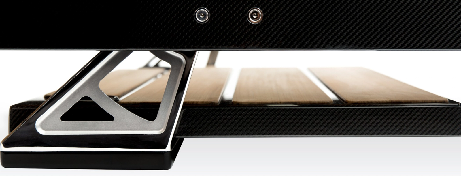 Close detail of custom C-Quip carbon fibre boarding equipment with teak treads and metal fittings