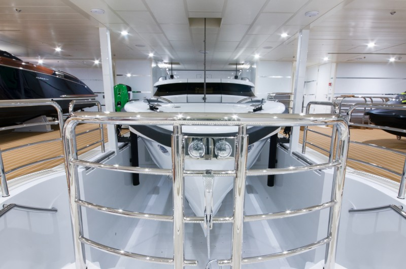 Tender fenders in position on the transom of a superyacht with the tender garage open