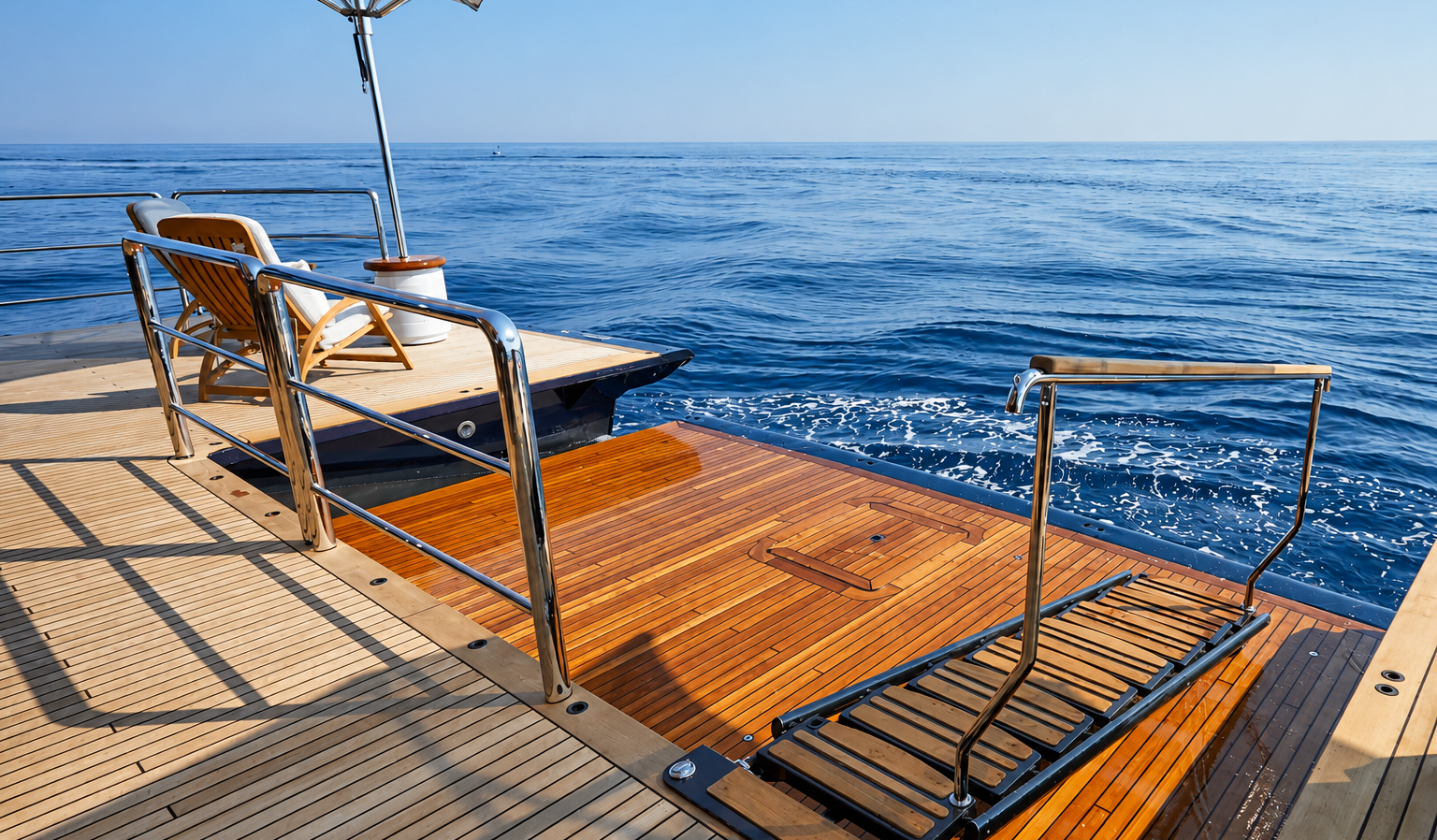 Teak swim platform and boarding equipment on a superyacht at sea
